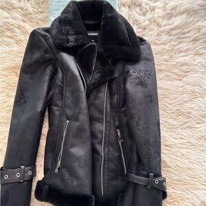 $350 NWOT Express slim fit Black fade faux suede Jacket with Fur